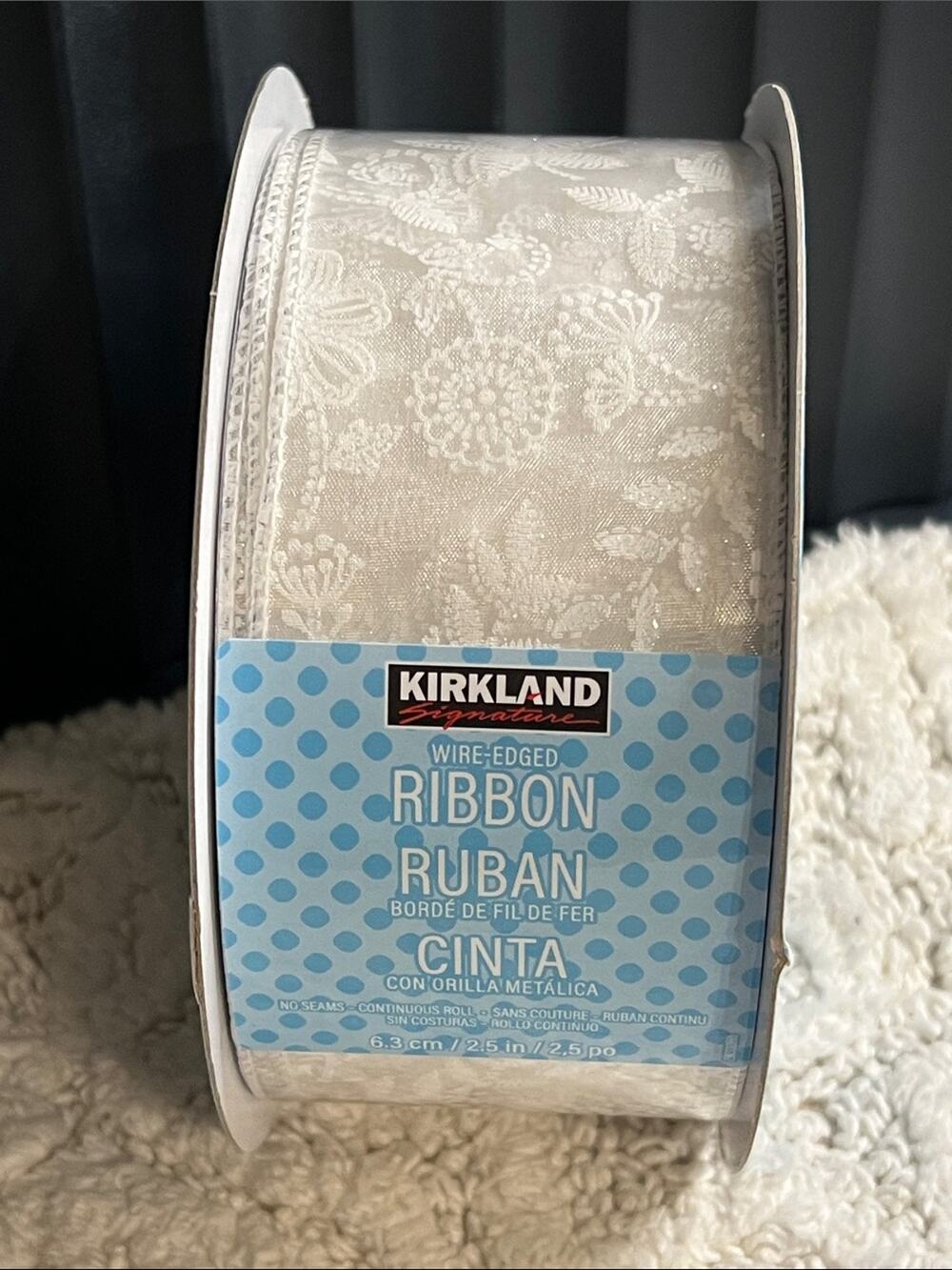 Kirkland Wired Ribbon Shimmer Sheer White Floral Flowers 50 Yd x 2.5”